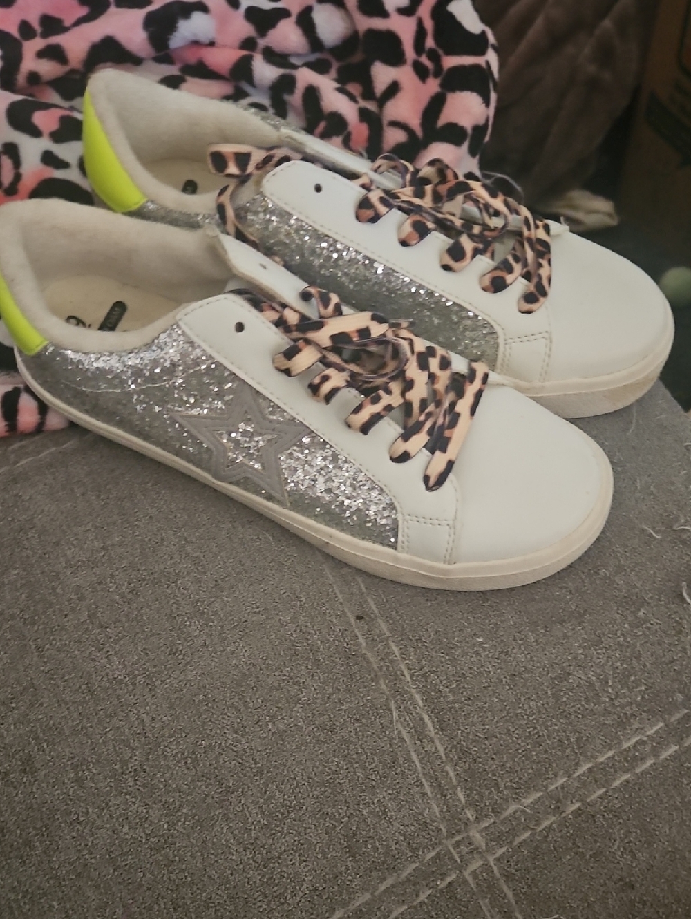 New White Sneakers with Silver Glitter Panels and Neon Yellow Heel